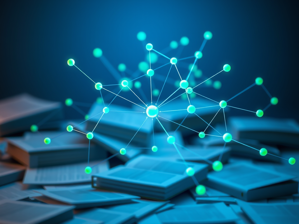 A visual representation of interconnected nodes and lines above a pile of open books, symbolizing the connections between knowledge and learning methods.